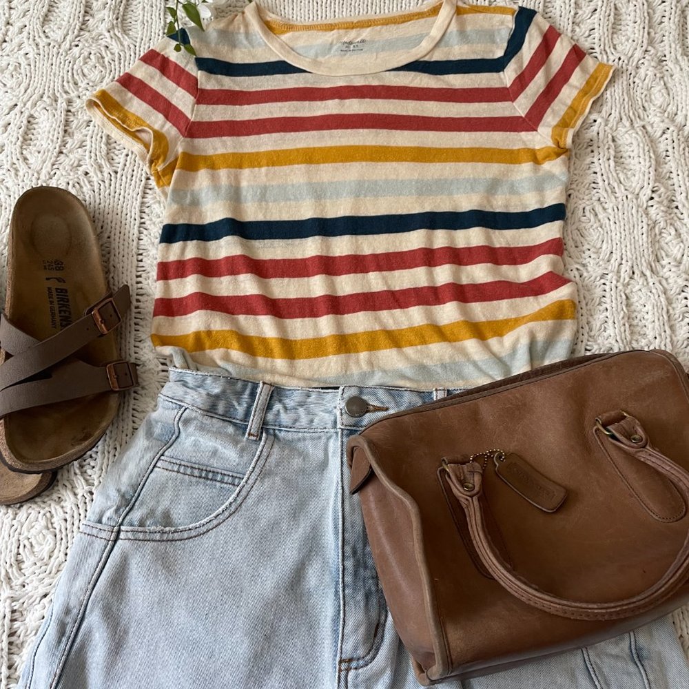 Madewell LoFi Shrunken Striped Whisper Tee T Shirt Navy Mustard Gold size XS